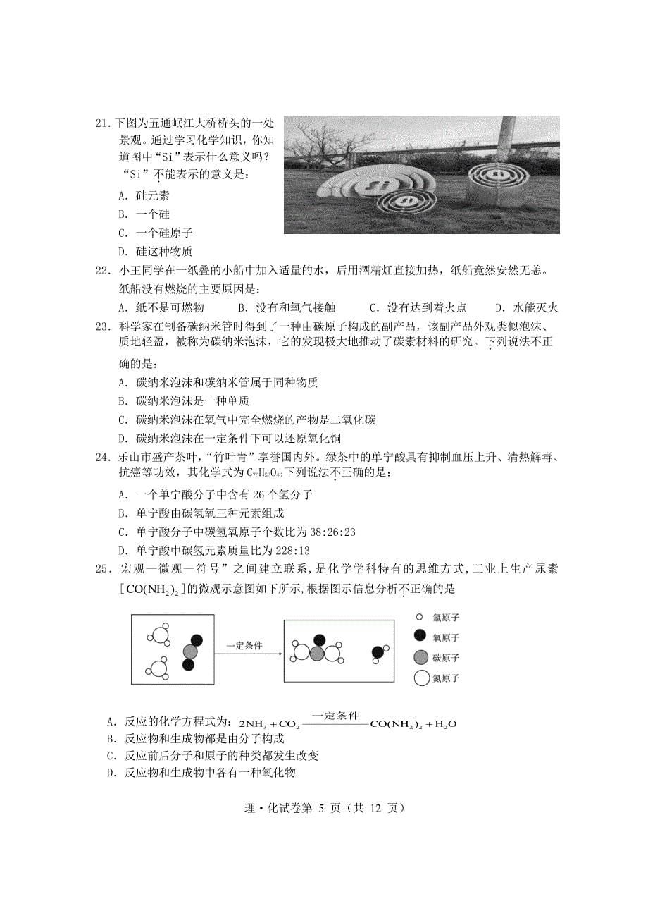 2024年乐山市五通桥区九年级调研考试物理和化学试题_第5页