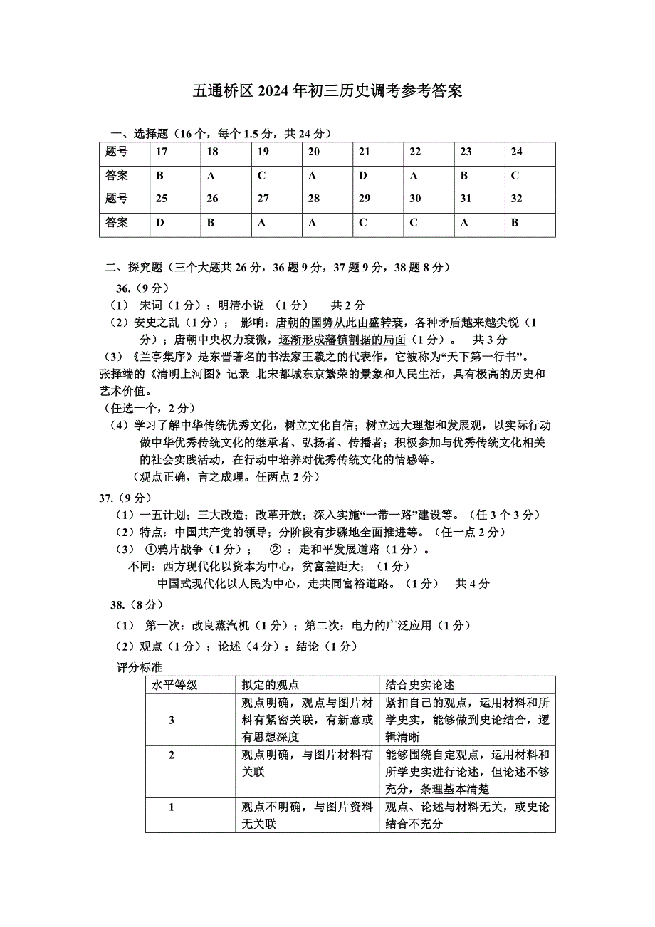 2024年乐山市五通桥区九年级调研考试道德与法治和历史答案_第3页