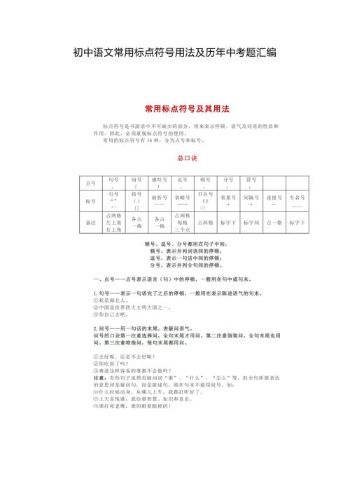 初中语文常用标点符号用法及历年中考题汇编