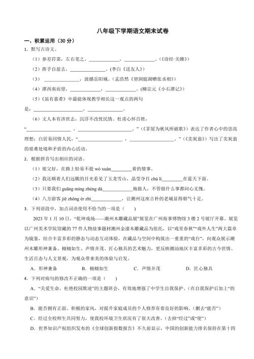 广东省潮州市2024年八年级下学期语文期末试卷(附答案）