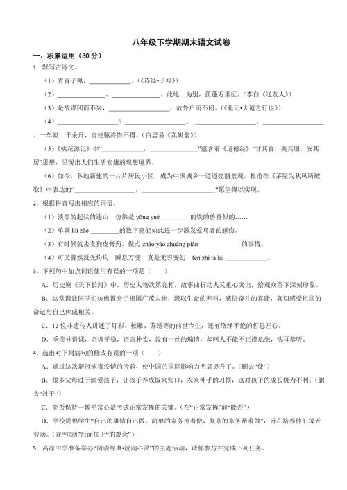 广东省茂名市高州市2024年八年级下学期期末语文试卷(附答案）