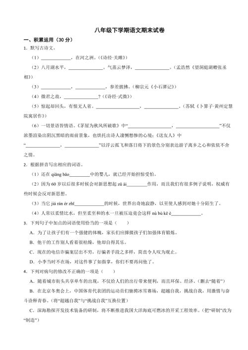 广东省河源市2024年八年级下学期语文期末试卷(附答案）