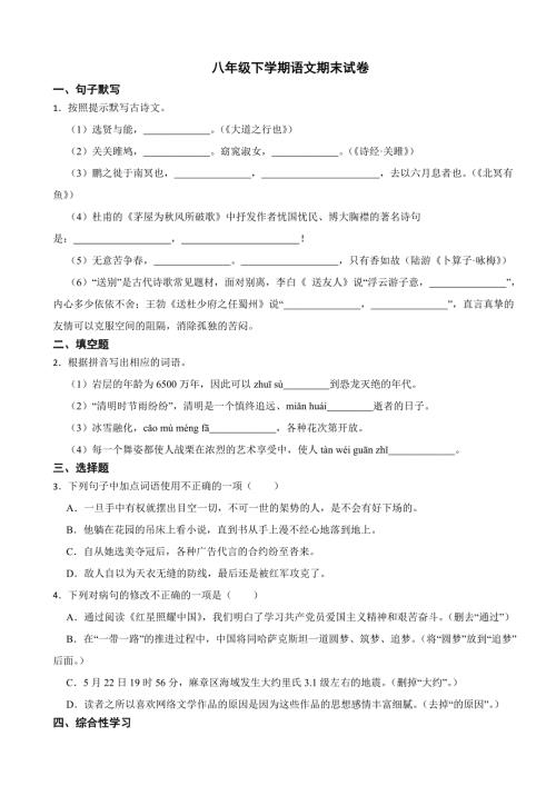 广东省湛江市2024年八年级下学期语文期末试卷(附答案）