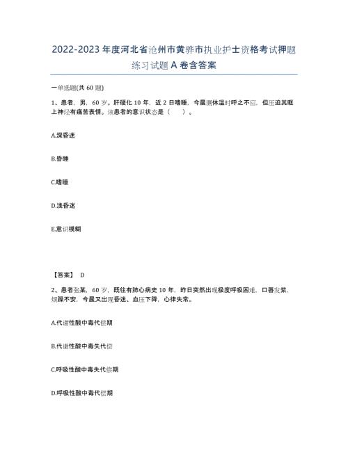 2022-2023年度河北省沧州市黄骅市执业护士资格考试押题练习试题A卷含答案