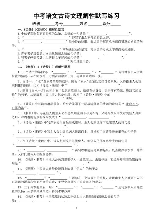 初中语文2024届中考必备古诗文理解性默写练习0530（共10篇附参考答案）