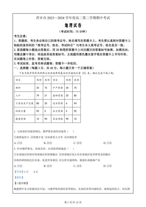 江西省萍乡市2023-2024学年高二下学期4月期中地理试题（解析版）