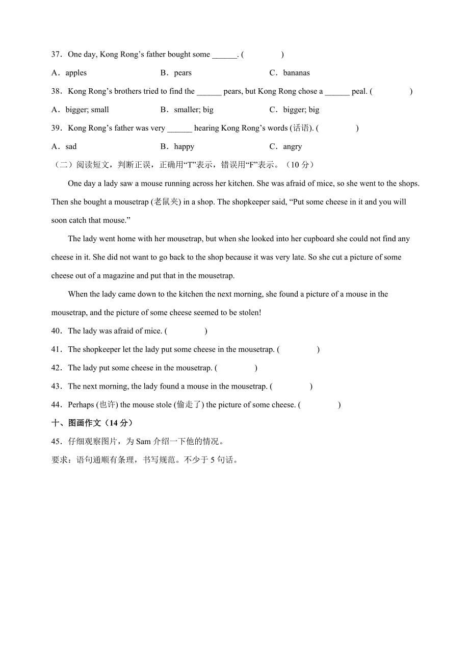 苏教译林版四年级下学期英语期末调研试卷（含答案）_第5页