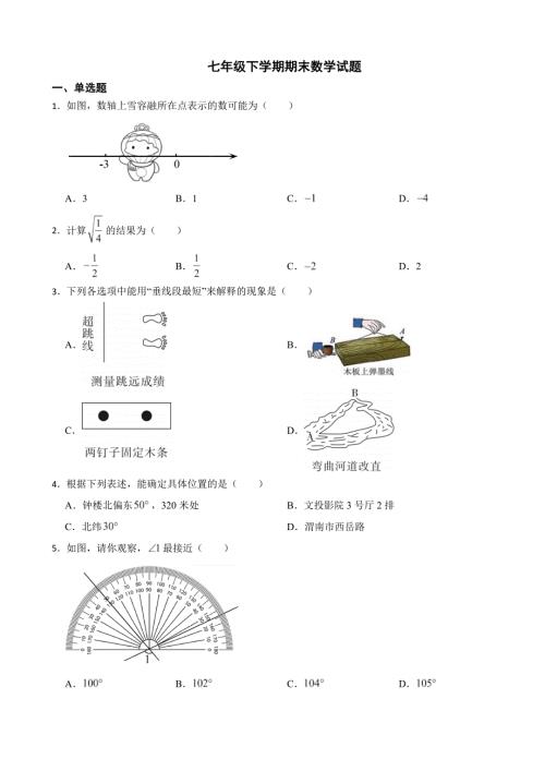 陕西省渭南市2024年七年级下学期期末数学试题(附答案）