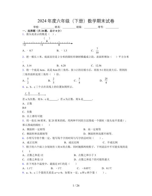 2024年度六年级（下册）数学期末试卷及详细答案解析28