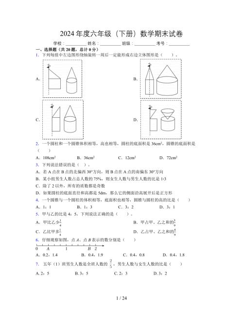 2024年度六年级（下册）数学期末试卷及详细答案解析25