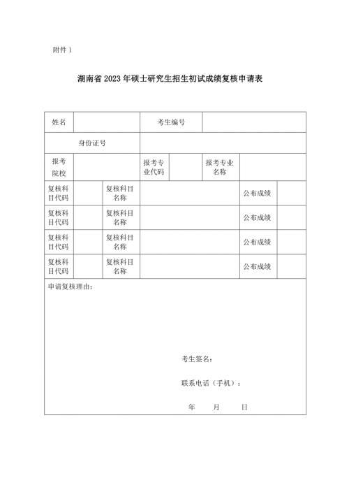 湖南硕士研究生招生考试成绩复核申请表
