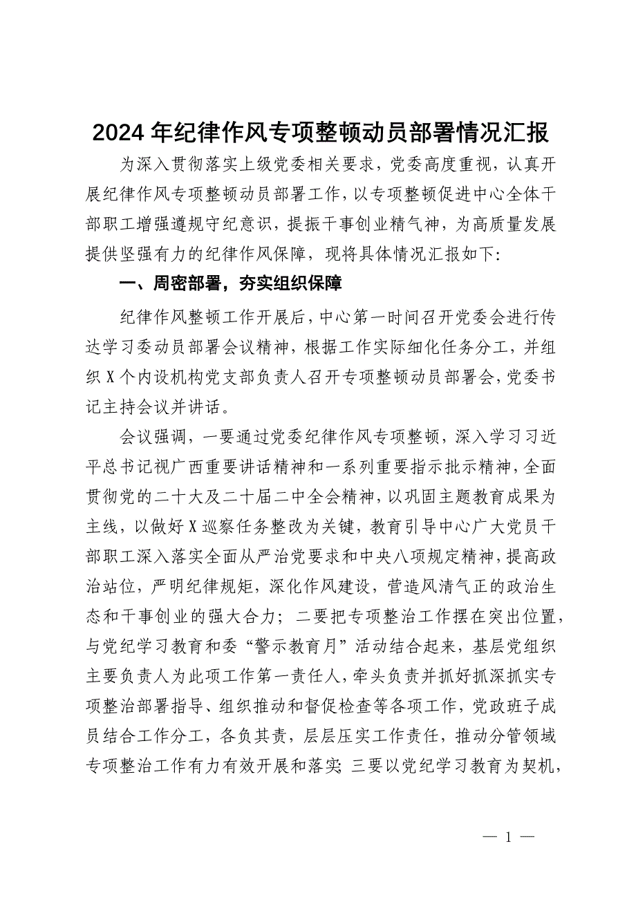 2024年纪律作风专项整顿动员部署情况汇报_第1页