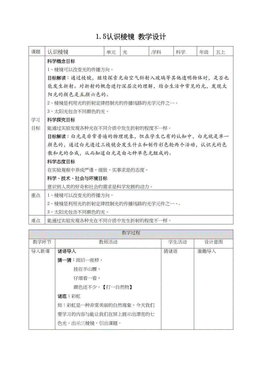 1.5认识棱镜教案教科版五年级科学上册_第1页