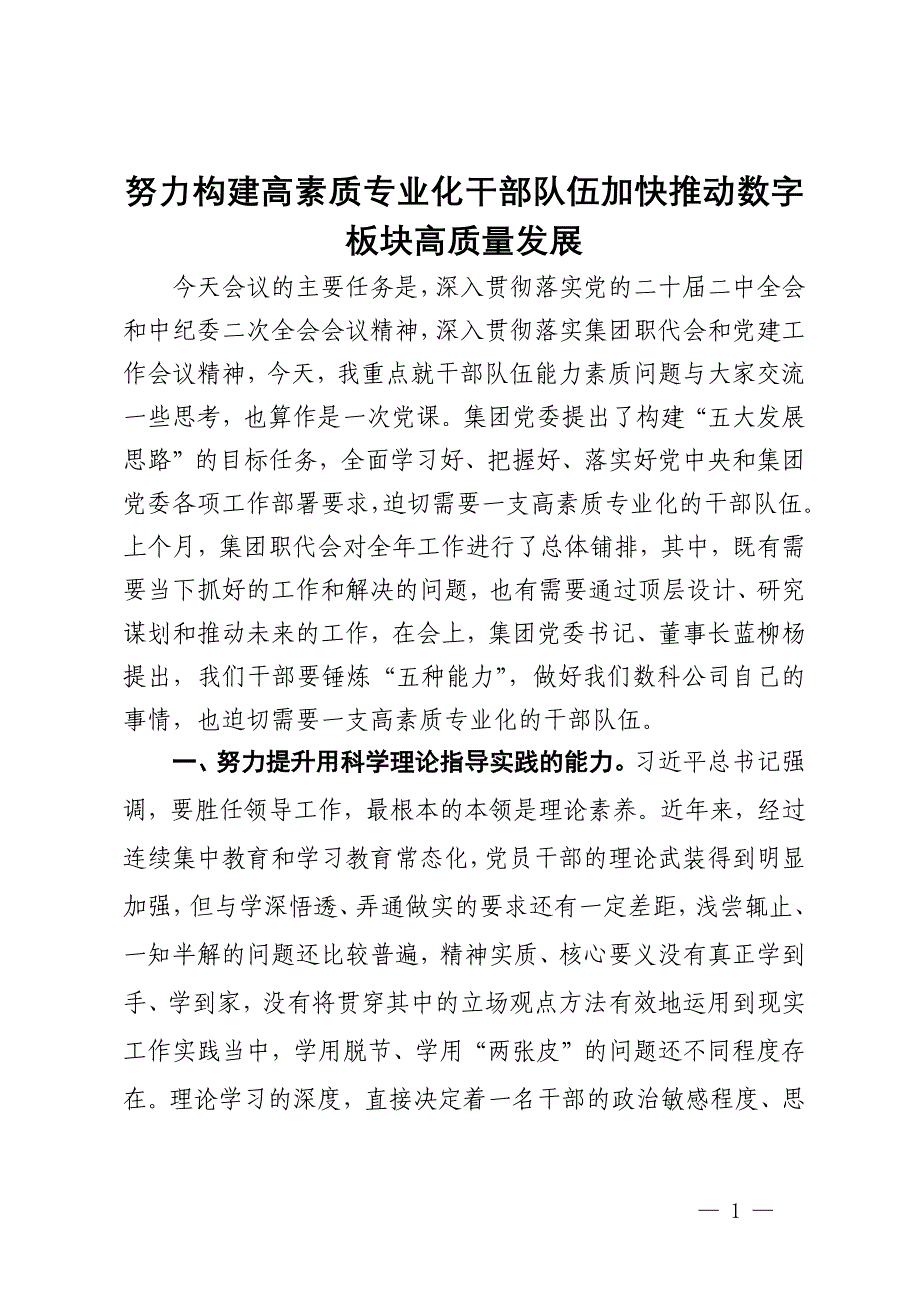 努力构建高素质专业化干部队伍加快推动数字板块高质量发展_第1页