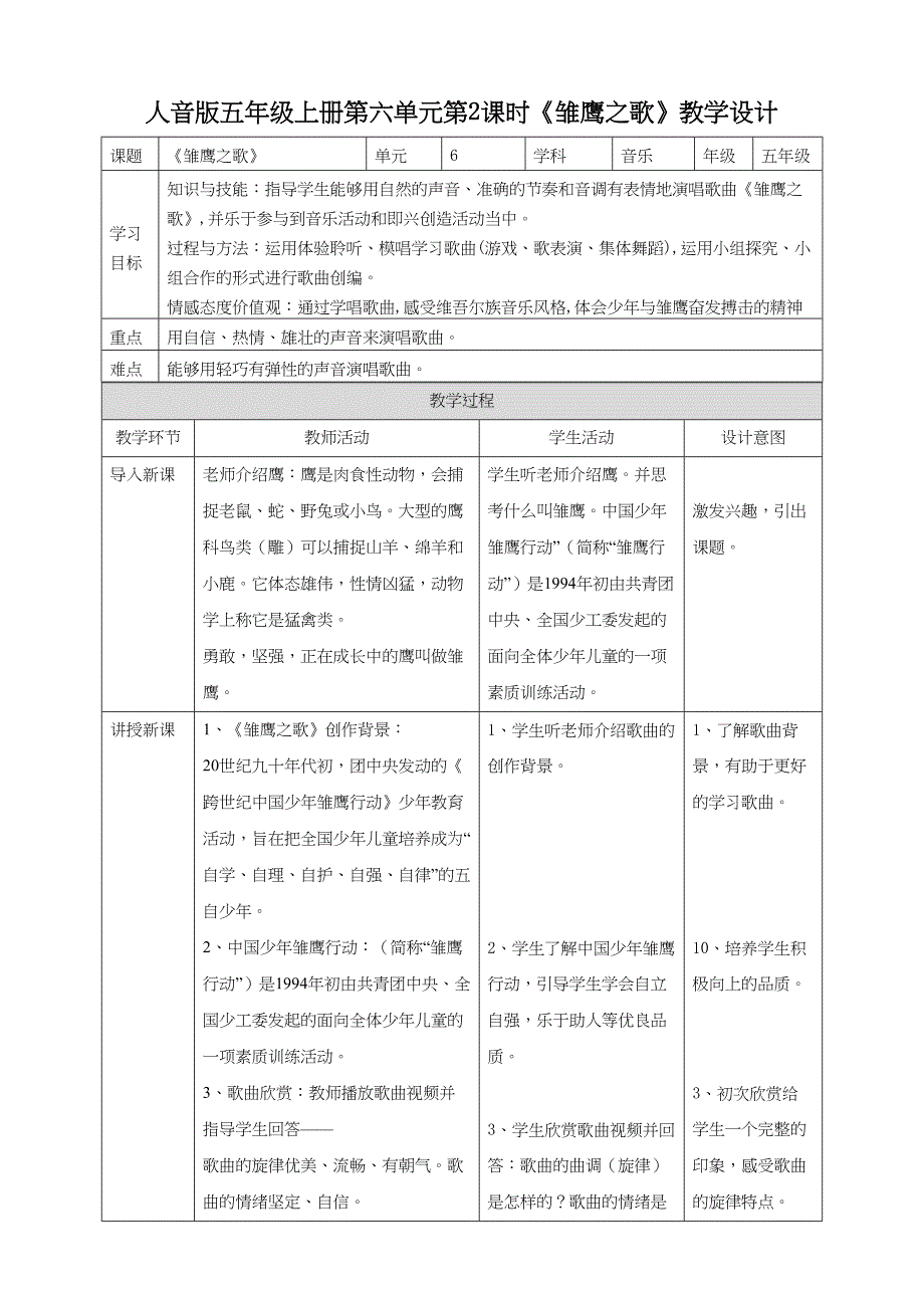 人音版五年级上册第六单元第2课时《雏鹰之歌》教学设计_第1页