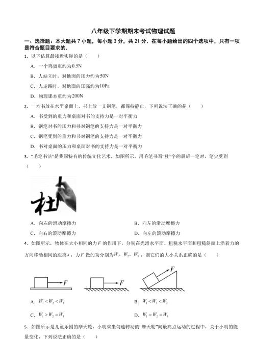 广东省河源市2024年八年级下学期期末考试物理试题附答案