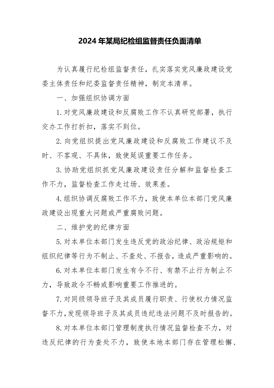 2024年某局纪检组监督责任负面清单_第1页