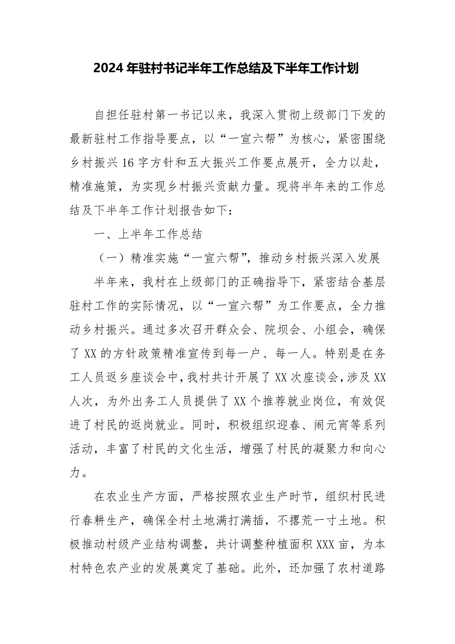 2024年驻村书记半年工作总结及下半年工作计划_第1页