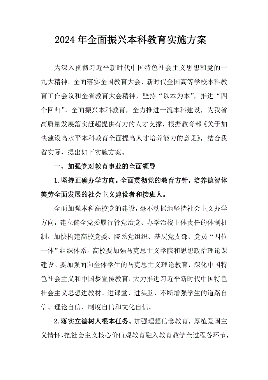 2024年全面振兴本科教育实施方案_第1页