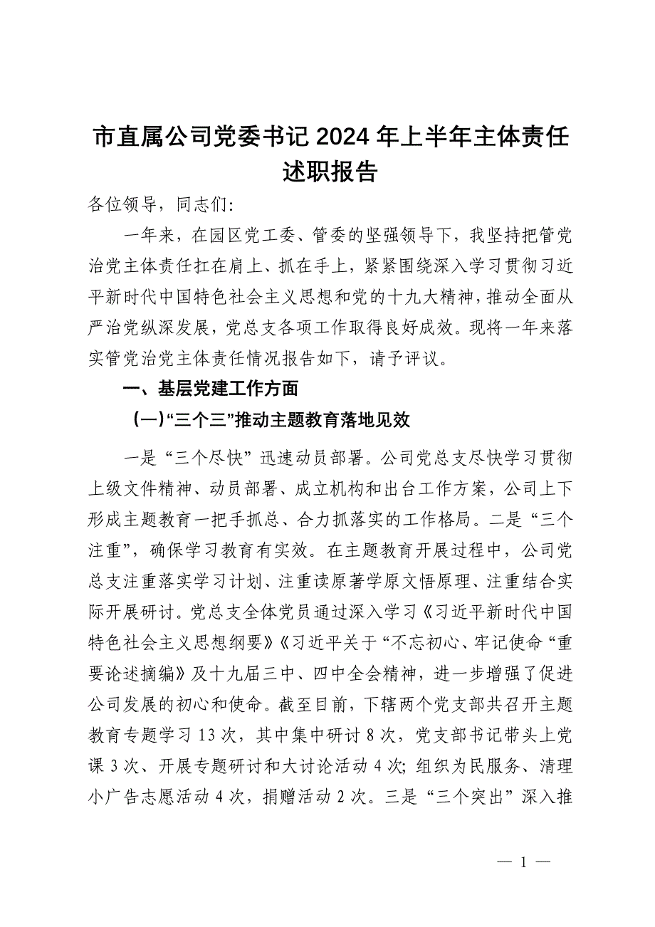 市直属公司党委书记2024年上半年主体责任述职报告_第1页