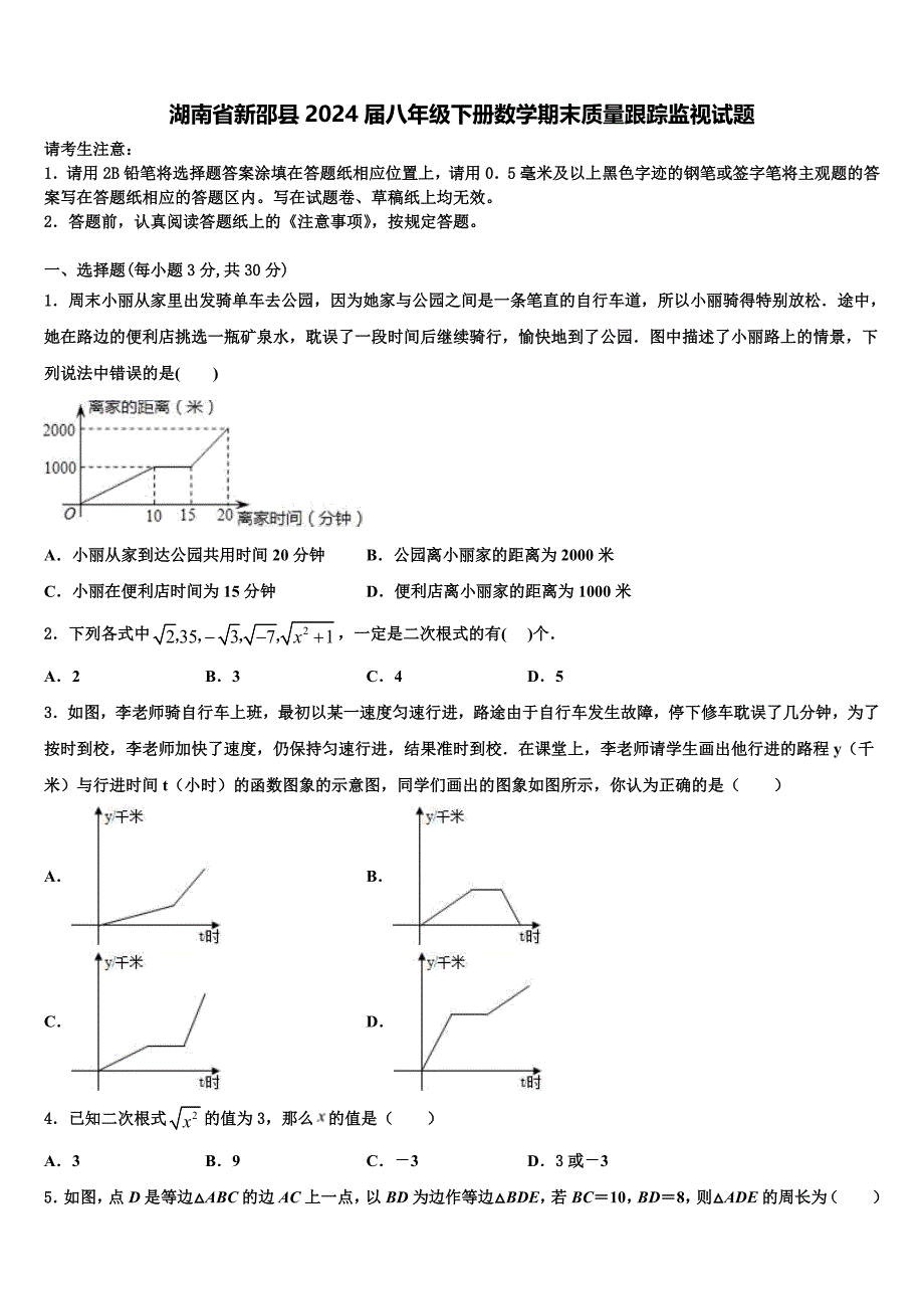 湖南省新邵县2024届八年级下册数学期末质量跟踪监视试题含解析_第1页