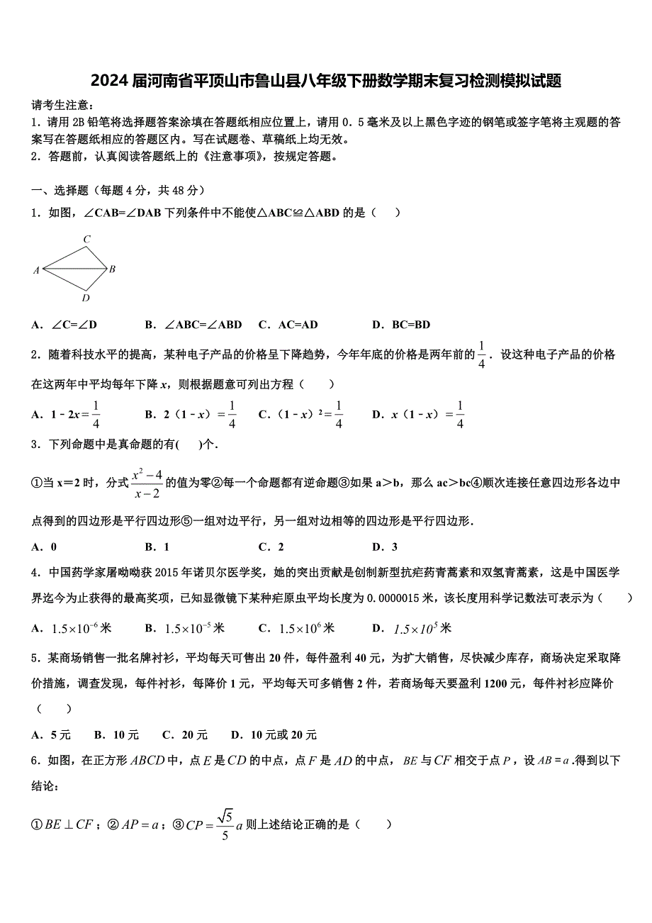 2024届河南省平顶山市鲁山县八年级下册数学期末复习检测模拟试题含解析_第1页