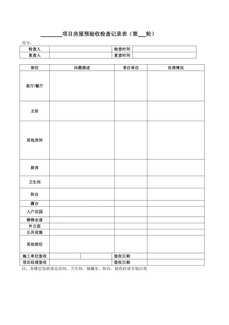 【表格模板】项目房屋预验收检查记录表_第1页