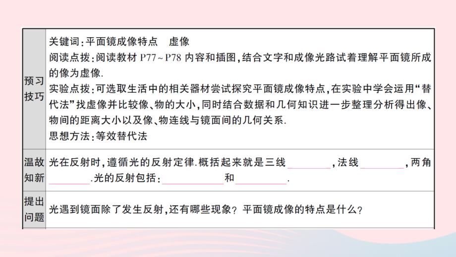 2023八年级物理上册第四章光现象第3节平面镜成像第1课时平面镜成像预习作业课件新版新人教版_第2页