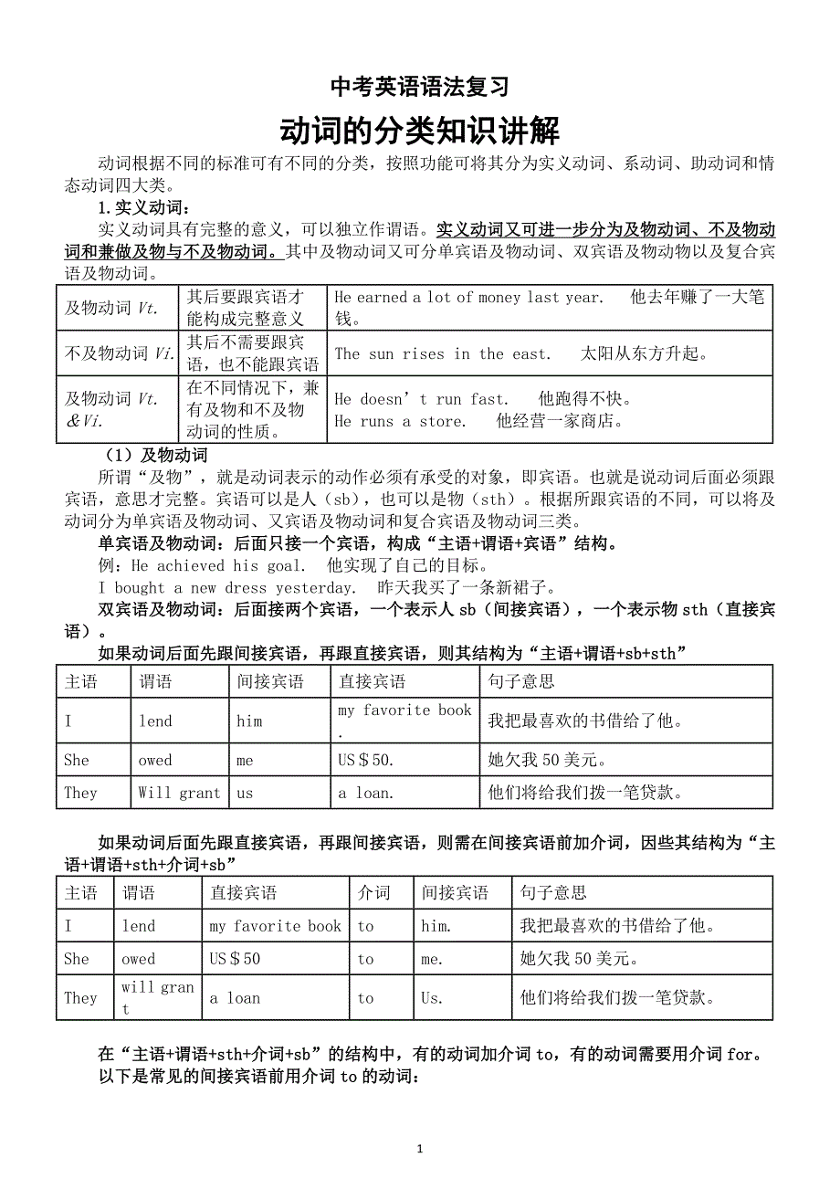 初中英语2024届中考语法复习动词的分类知识讲解_第1页