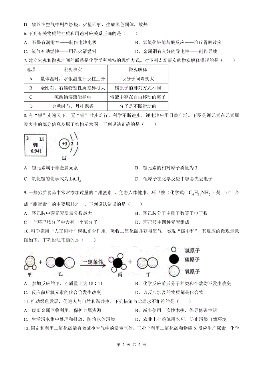 初中毕业学业统一考试化学试卷（带有答案）_第2页