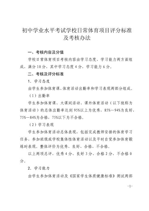 初中学业水平考试学校日常体育项目评分标准及考核办法