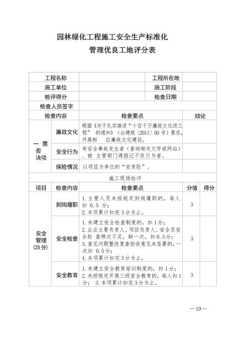 园林绿化工程施工安全生产标准化管理优良工地评分表