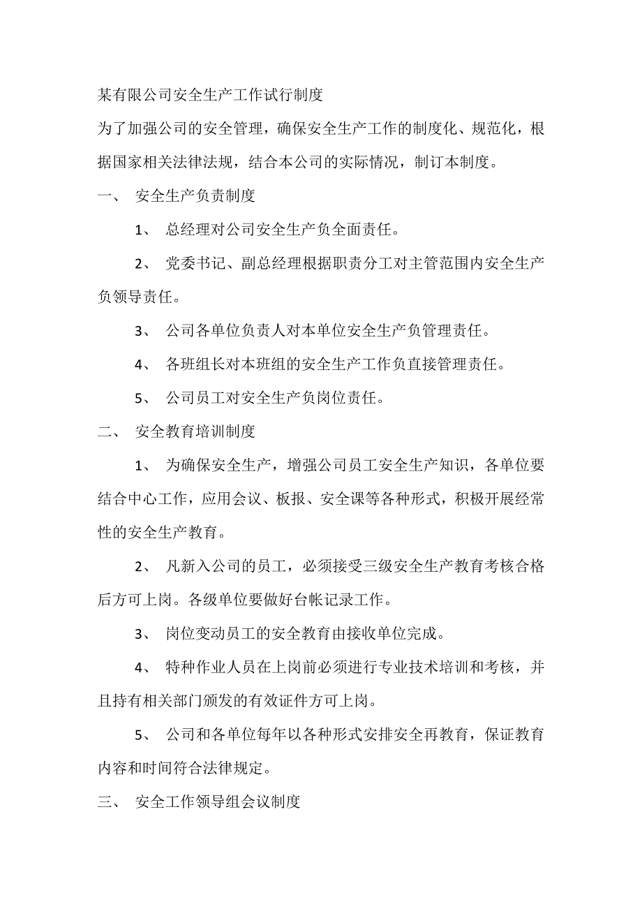 某有限公司安全生产工作试行制度_第1页