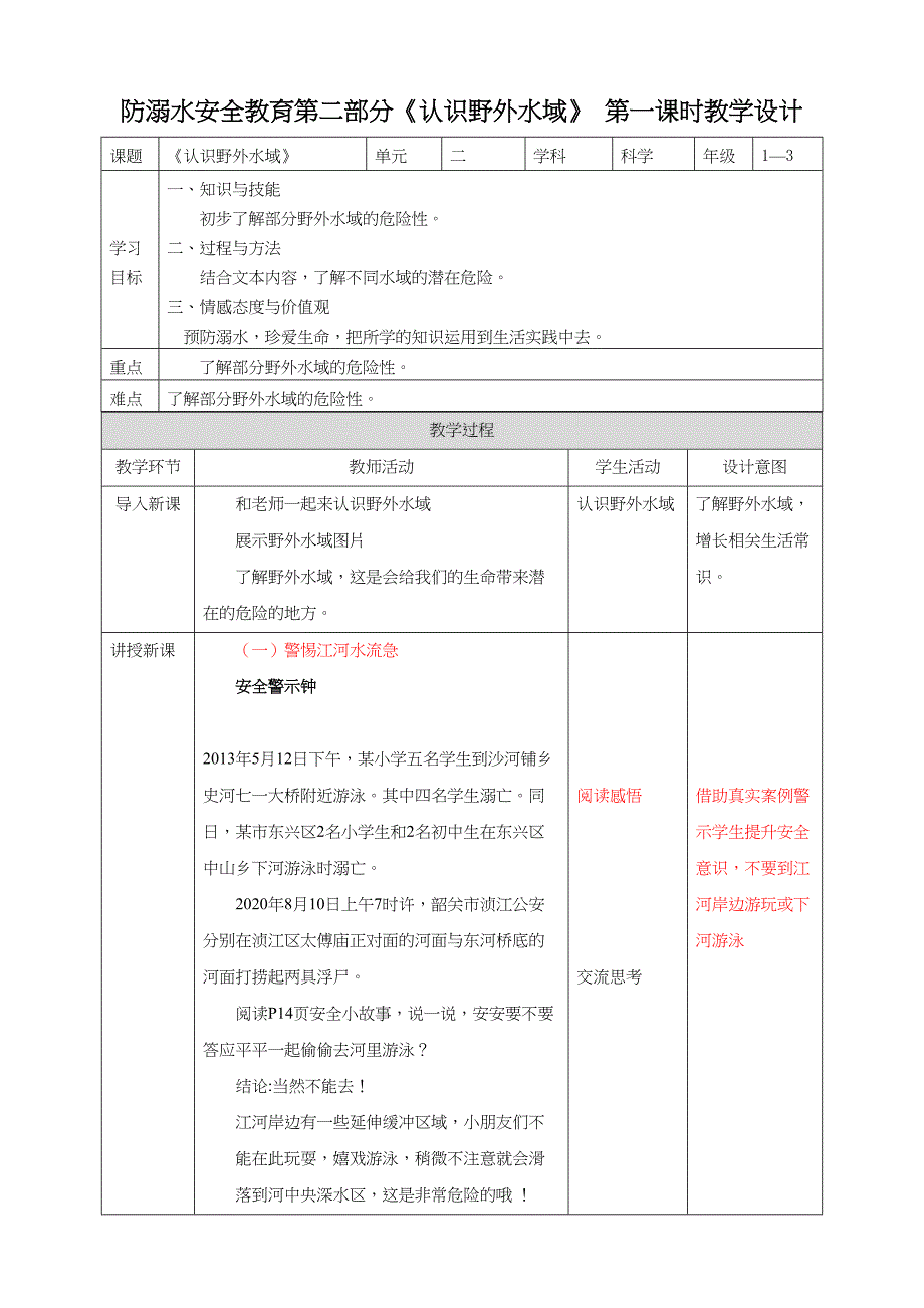 1-3年级小学生防溺水安全教育第二部分《认识野外水域》 第一课时 教案_第1页