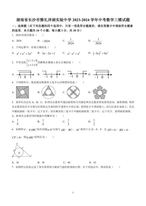 2024年湖南省长沙市雅礼洋湖实验中学中考三模数学试题(无答案)