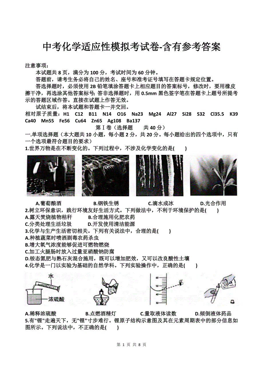 中考化学适应性模拟考试卷-含有参考答案_第1页