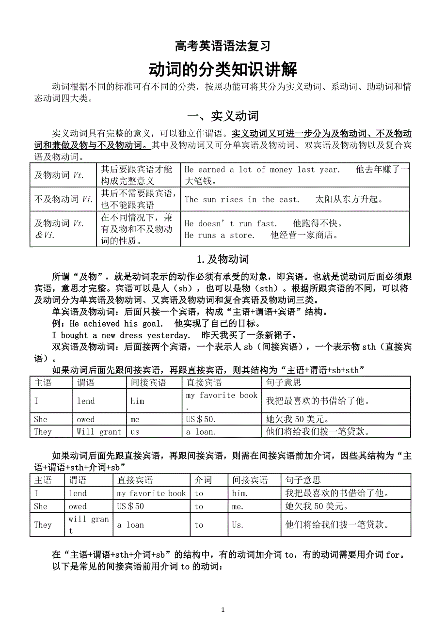 高中英语2025届高考语法复习动词的分类知识讲解_第1页