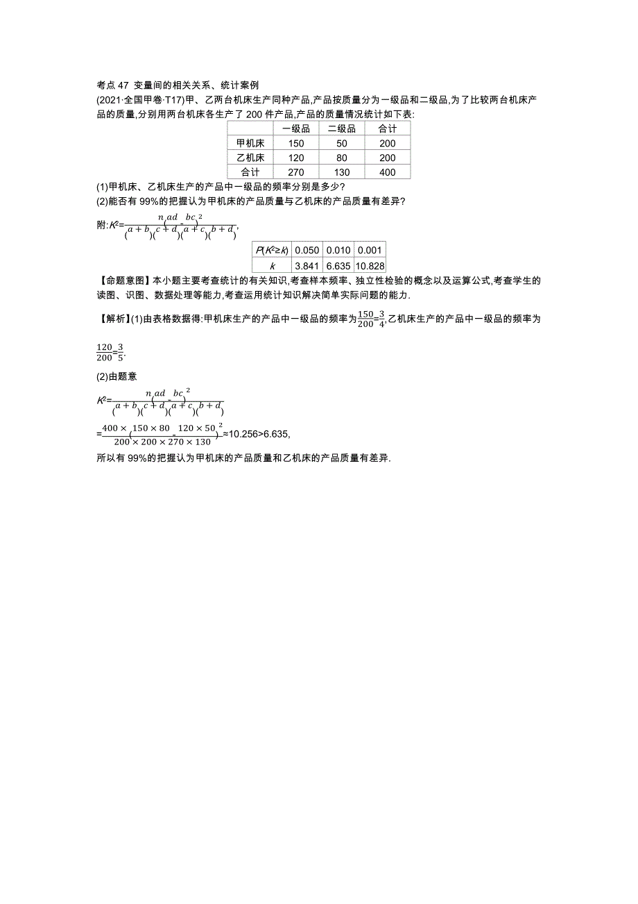 2021年高考分类题库考点47 变量间的相关关系、统计案例_第1页