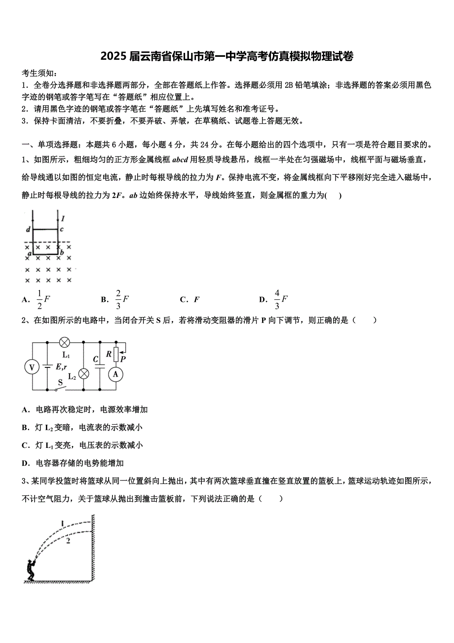 2025届云南省保山市第一中学高考仿真模拟物理试卷含解析_第1页