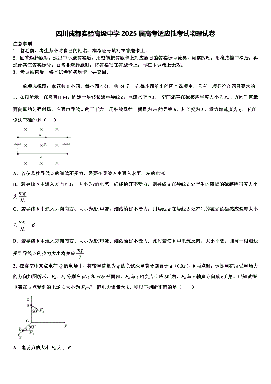 四川成都实验高级中学2025届高考适应性考试物理试卷含解析_第1页