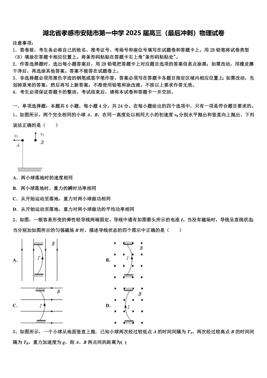 湖北省孝感市安陆市第一中学2025届高三（最后冲刺）物理试卷含解析_第1页