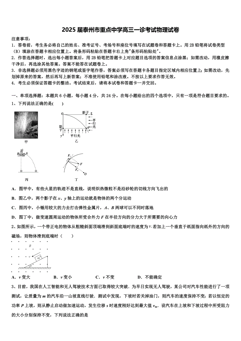 2025届泰州市重点中学高三一诊考试物理试卷含解析_第1页