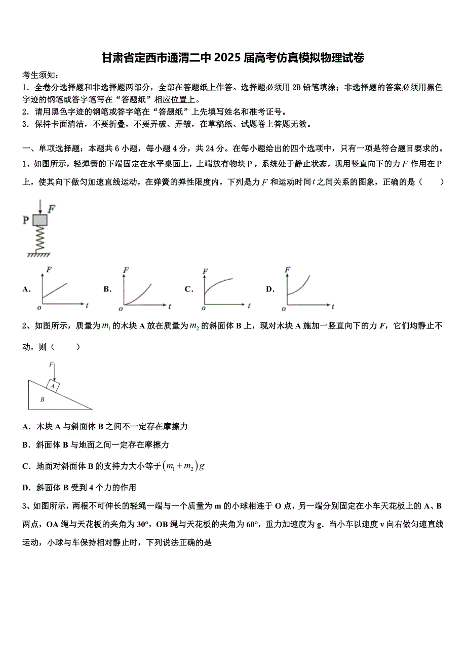 甘肃省定西市通渭二中2025届高考仿真模拟物理试卷含解析_第1页