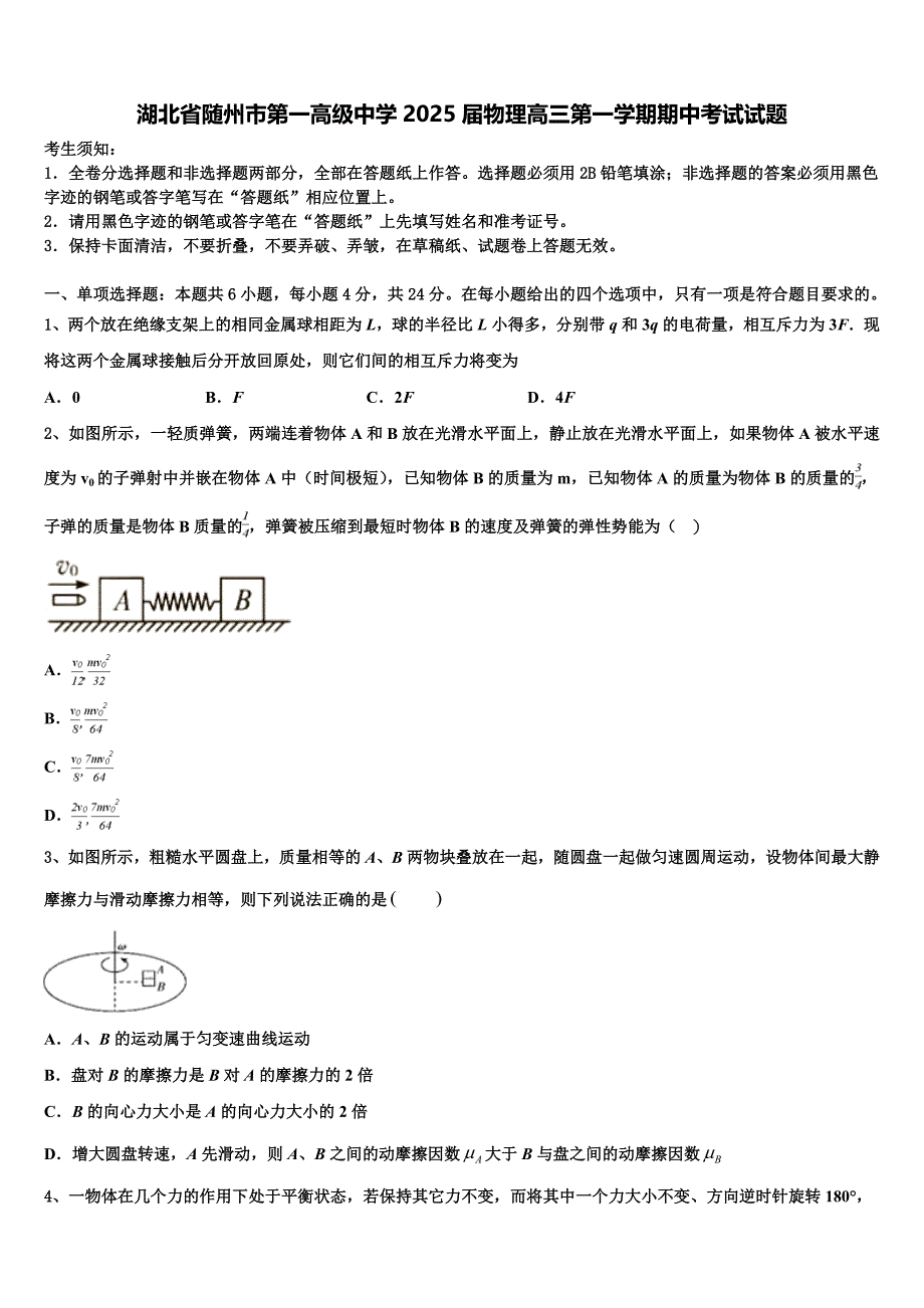 湖北省随州市第一高级中学2025届物理高三第一学期期中考试试题含解析_第1页