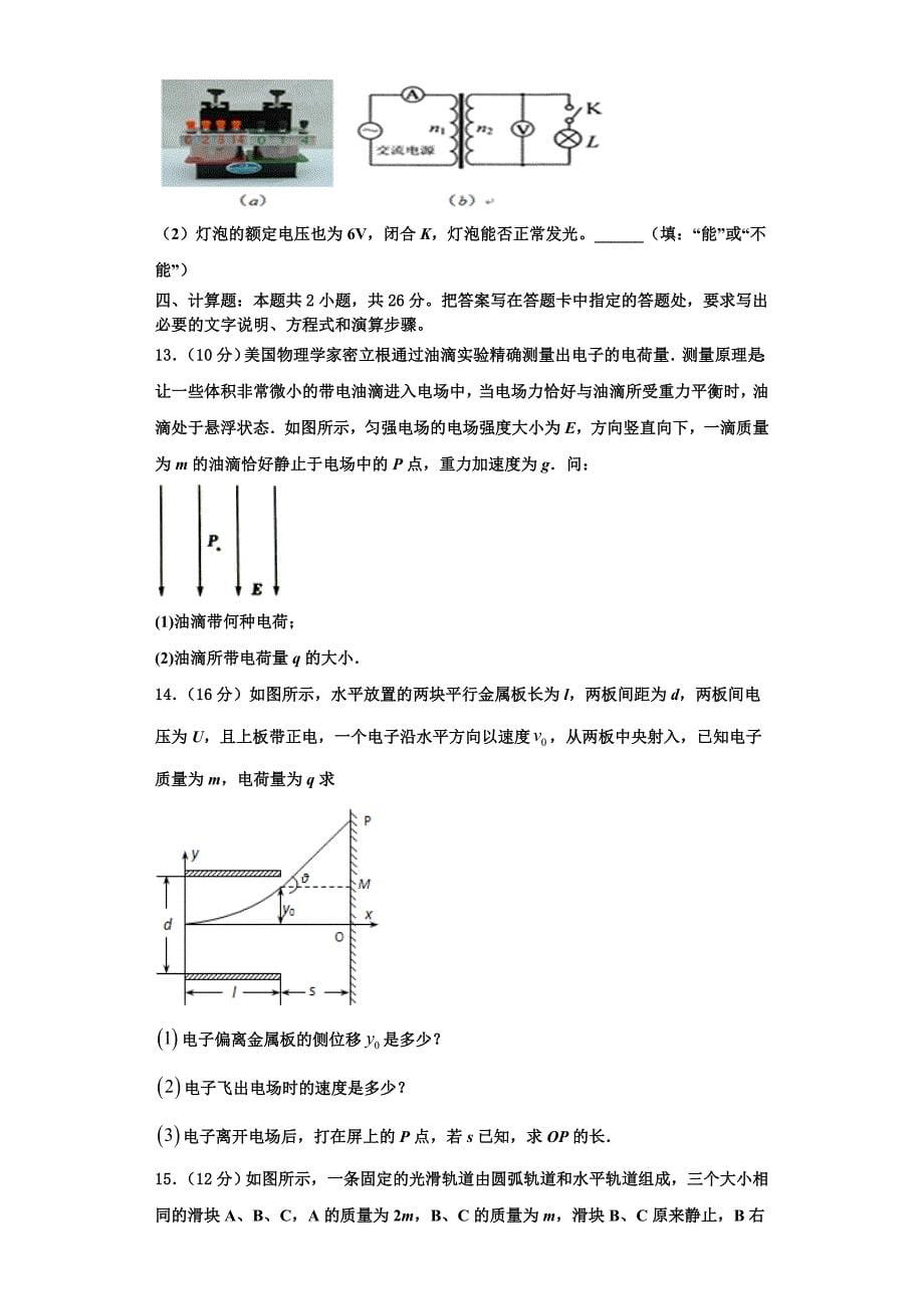 湖北省鄂州市泽林中学2025届物理高二上期中复习检测试题含解析_第5页