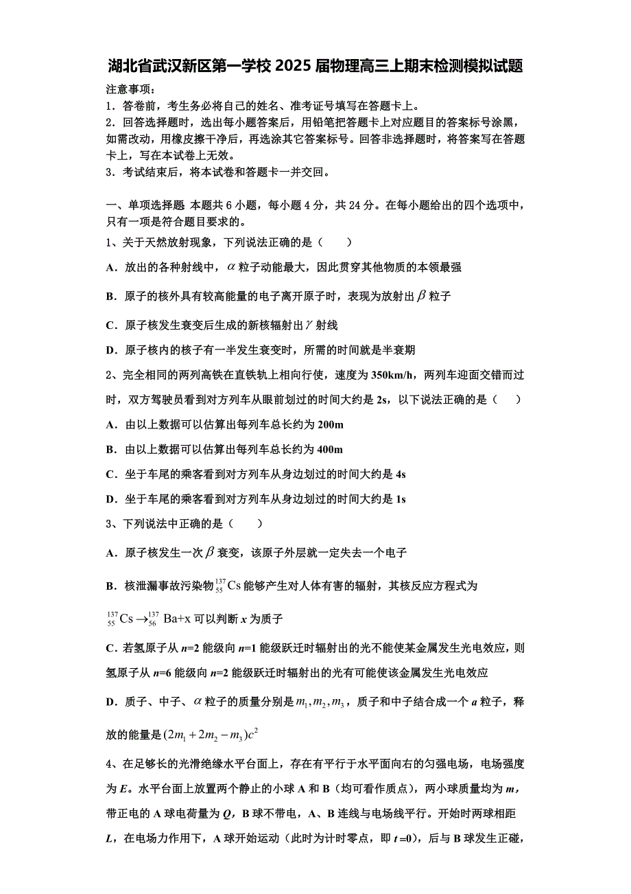 湖北省武汉新区第一学校2025届物理高三上期末检测模拟试题含解析_第1页