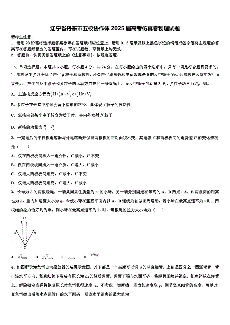 辽宁省丹东市五校协作体2025届高考仿真卷物理试题含解析_第1页