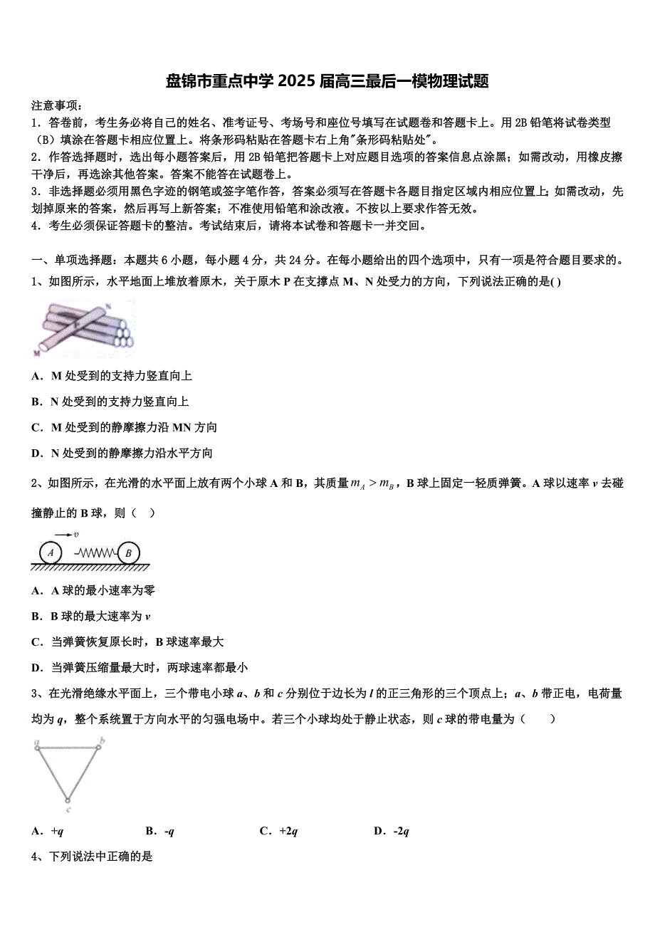 盘锦市重点中学2025届高三最后一模物理试题含解析_第1页