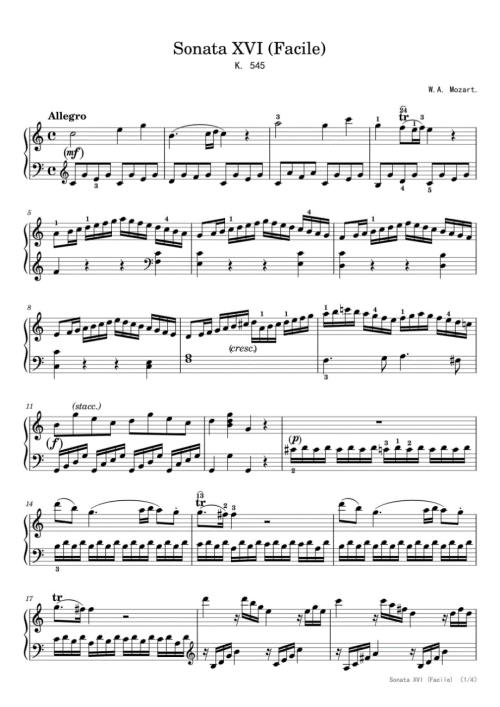 莫扎特C大调第十六钢琴奏鸣曲第一乐章（No. 16K.545） 高清钢琴谱五线谱