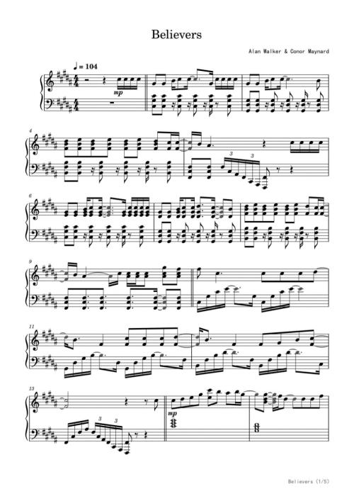 Believers 高清钢琴谱五线谱